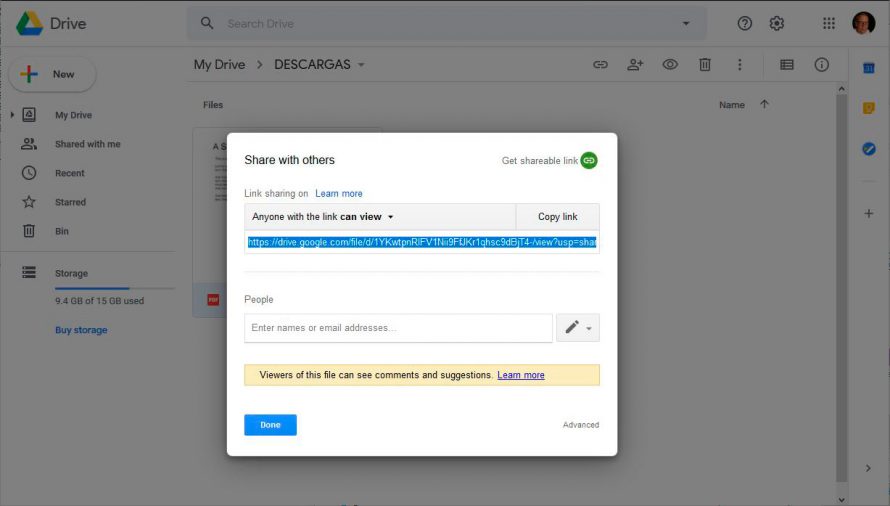 Copiar en enlace para compartir en Google Drive